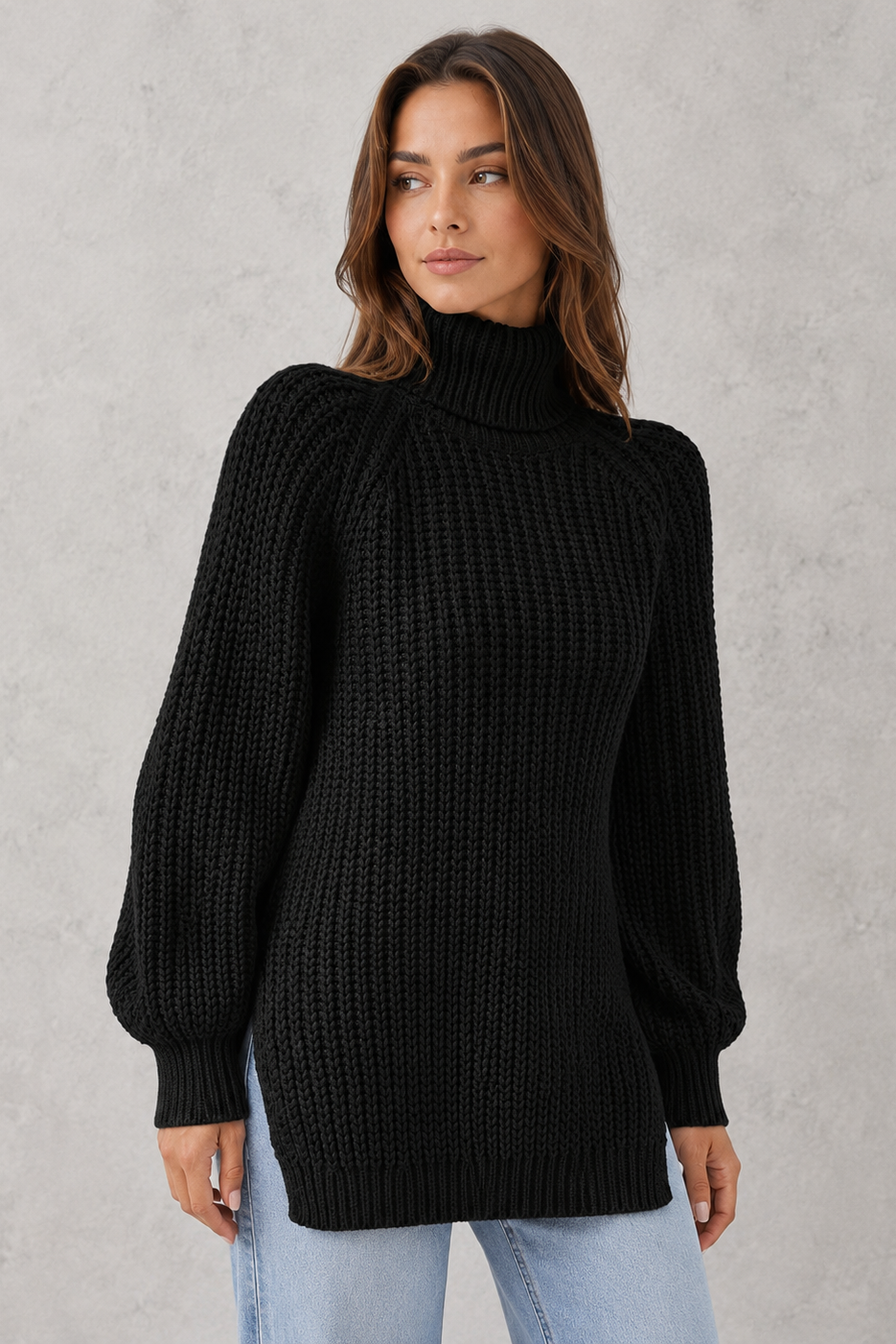 Sweater Women - Ribbed Roll Neck Jumper with Side Splits