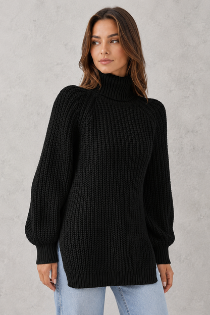 Sweater Women - Ribbed Roll Neck Jumper with Side Splits