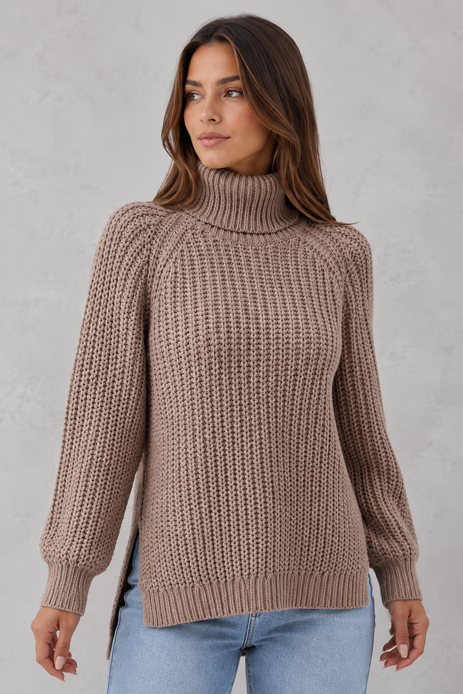 Sweater Women - Ribbed Roll Neck Jumper with Side Splits