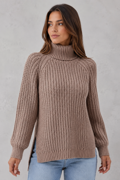 Sweater Women - Ribbed Roll Neck Jumper with Side Splits
