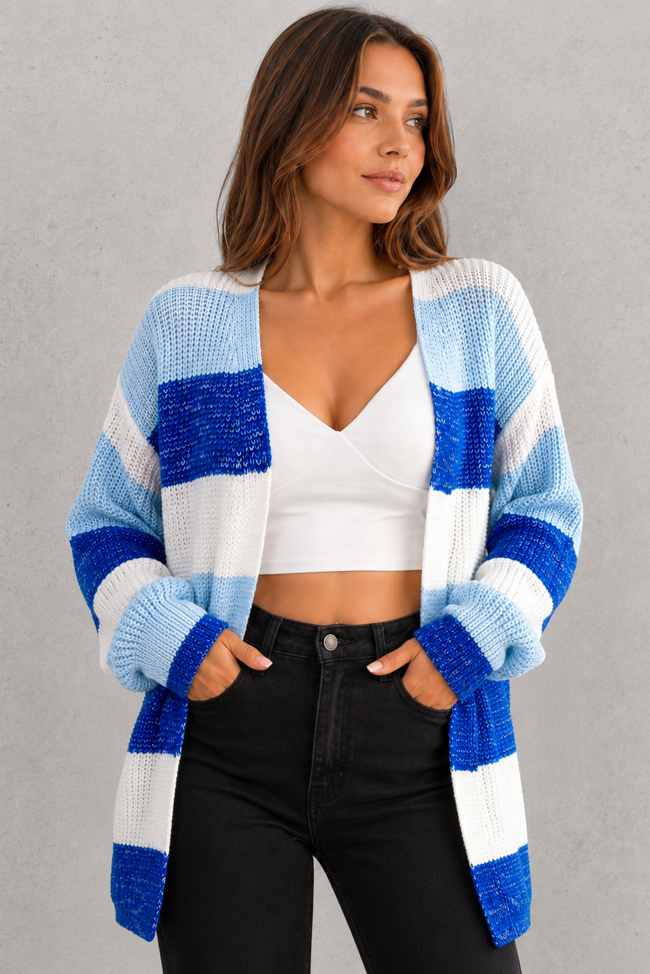 Cardigan Women - Colour Block Cardigan with Patch Pockets