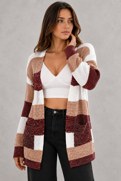 Cardigan Women - Colour Block Cardigan with Patch Pockets