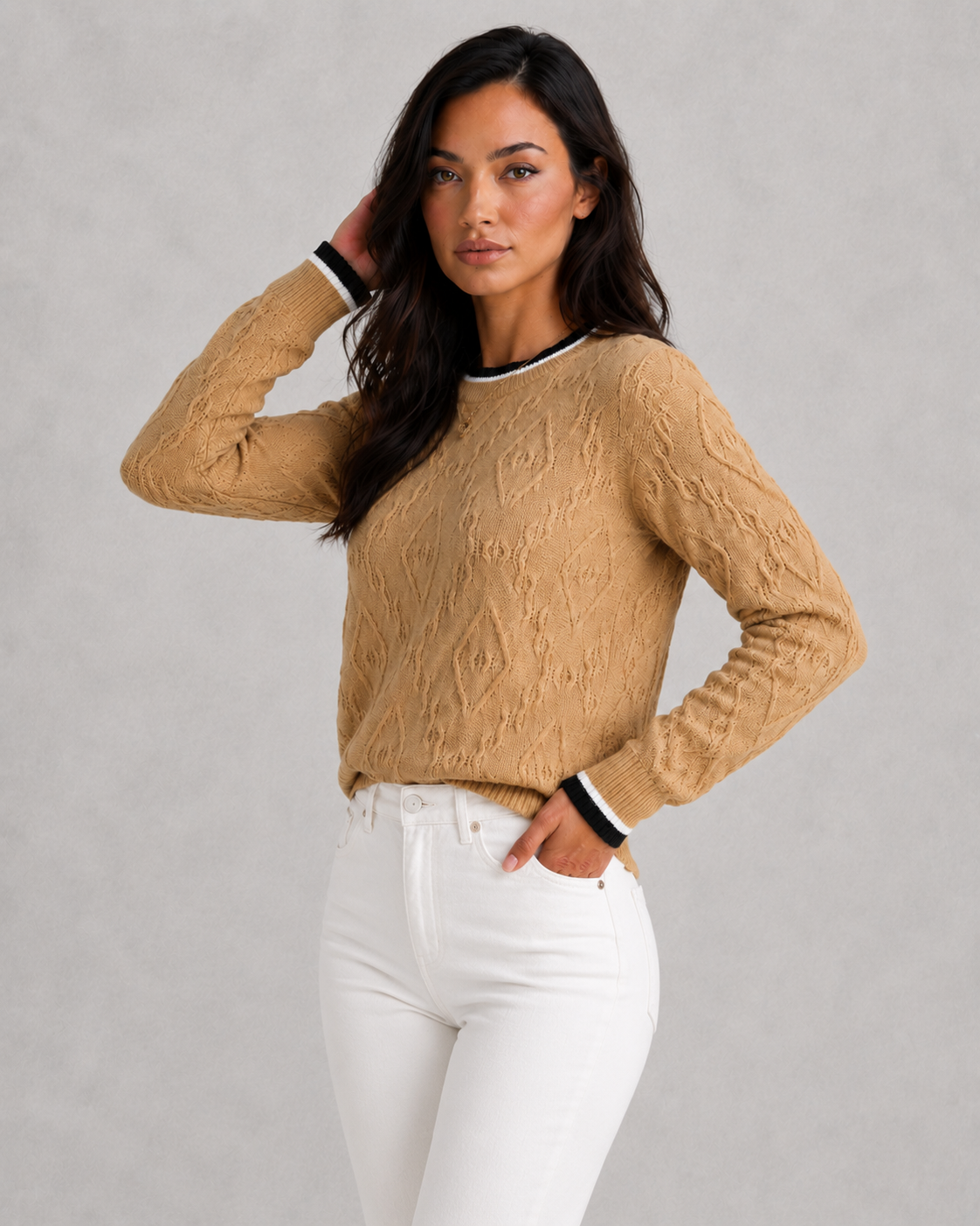 Sweater Women - Diamond Knit Jumper with Contrast Tipping