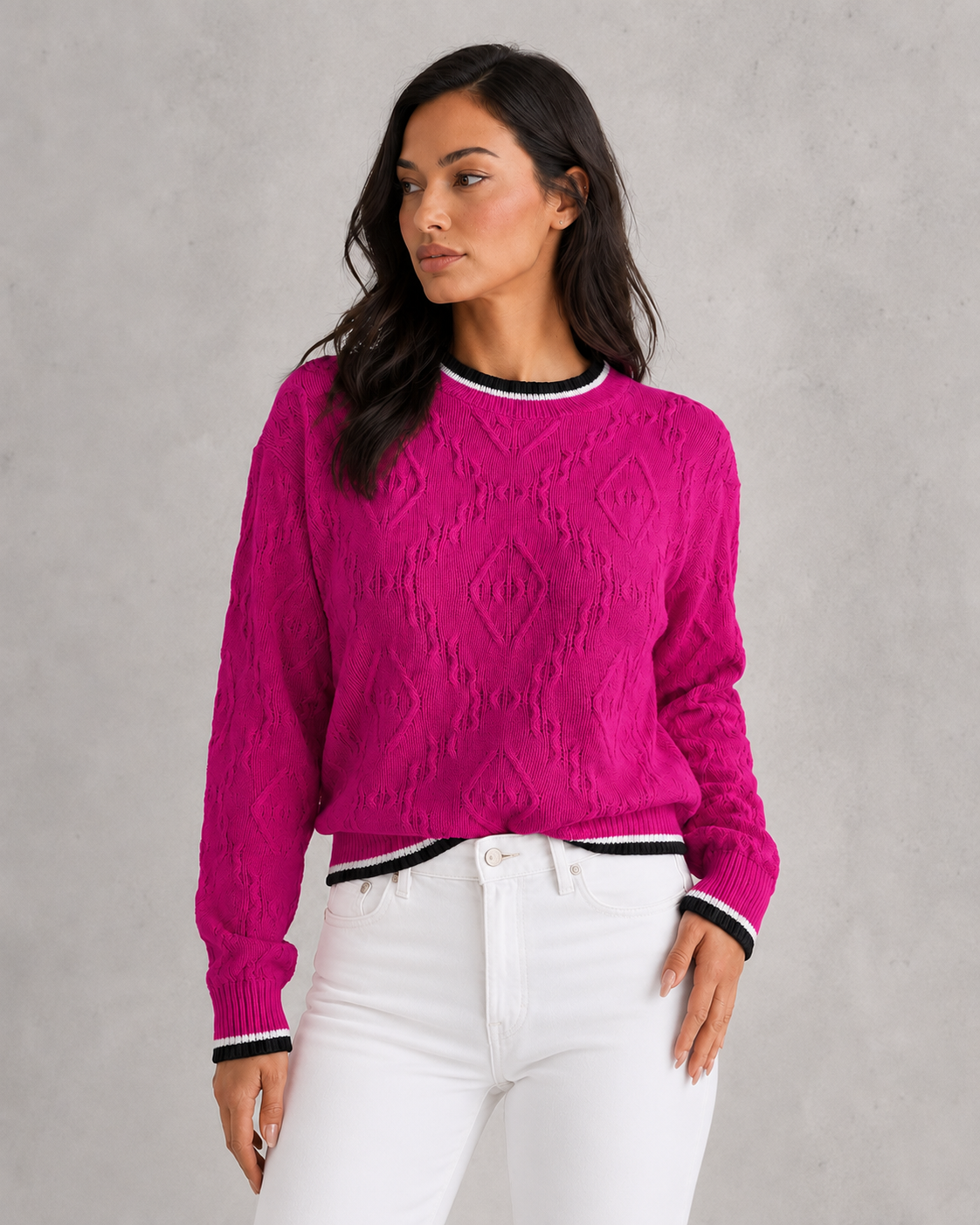 Sweater Women - Diamond Knit Jumper with Contrast Tipping