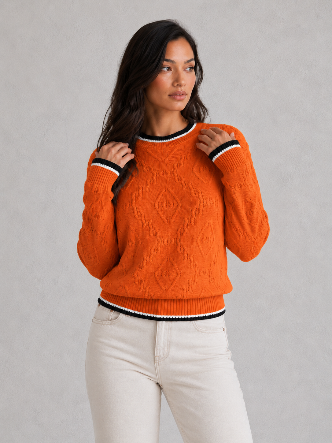 Sweater Women - Diamond Knit Jumper with Contrast Tipping