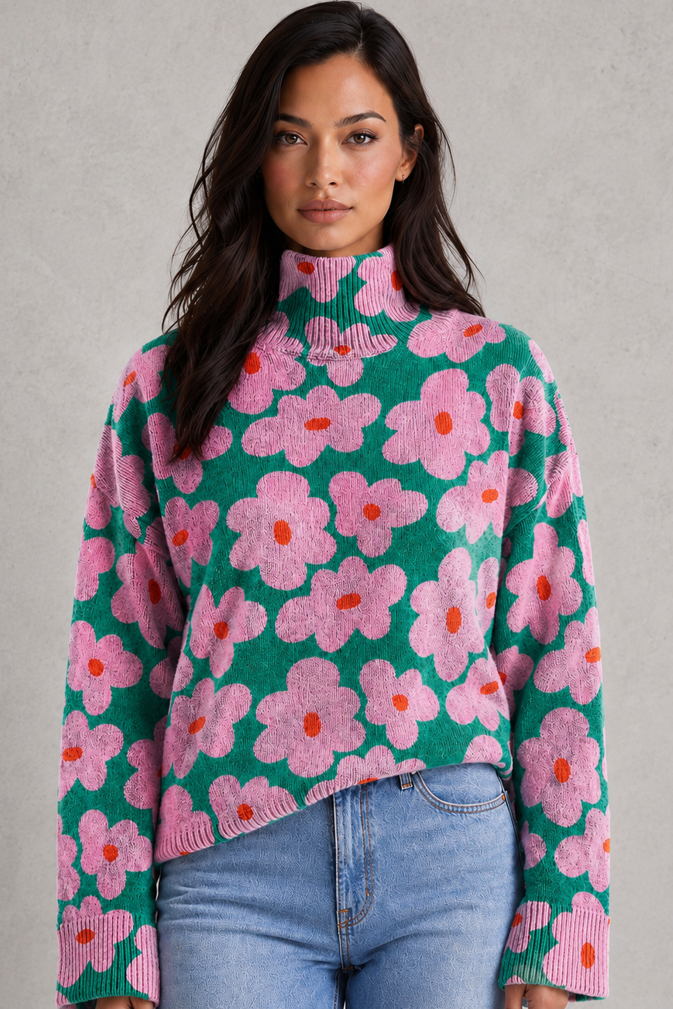 Sweater Women - Floral Print Jumper with Mock Neck