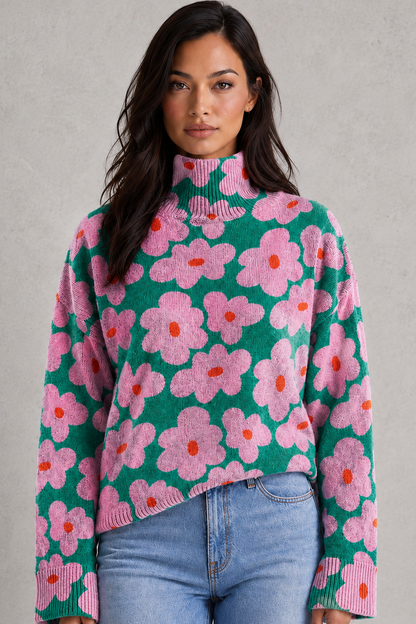 Sweater Women - Floral Print Jumper with Mock Neck