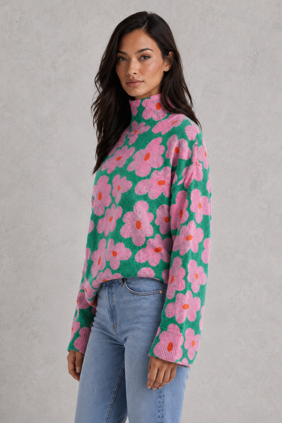 Sweater Women - Floral Print Jumper with Mock Neck