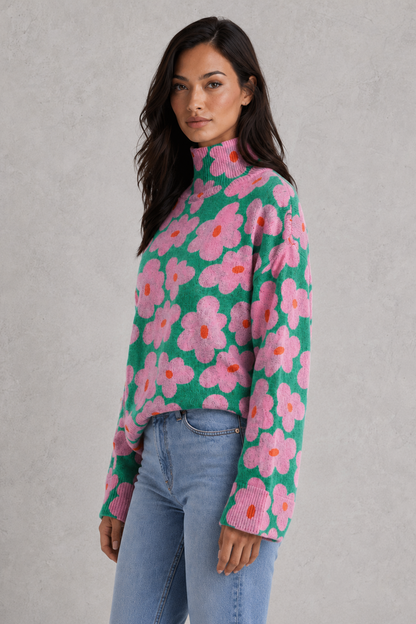 Sweater Women - Floral Print Jumper with Mock Neck