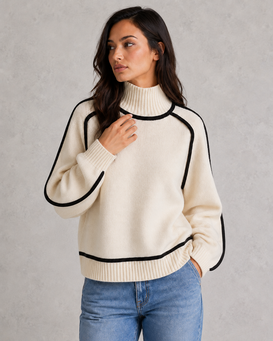 Sweater Women - Roll Neck Knit Jumper with Ribbed Cuffs