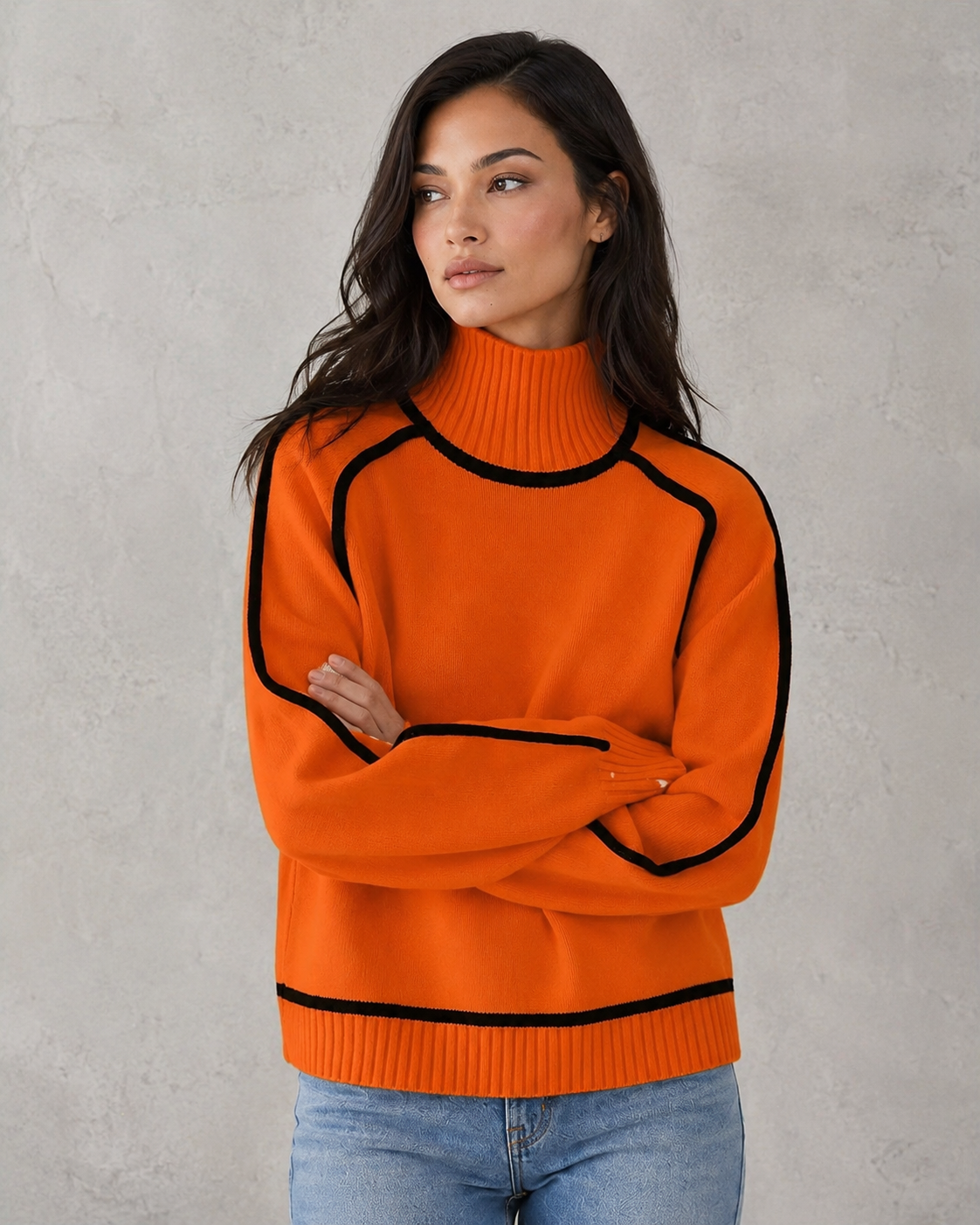 Sweater Women - Roll Neck Knit Jumper with Ribbed Cuffs