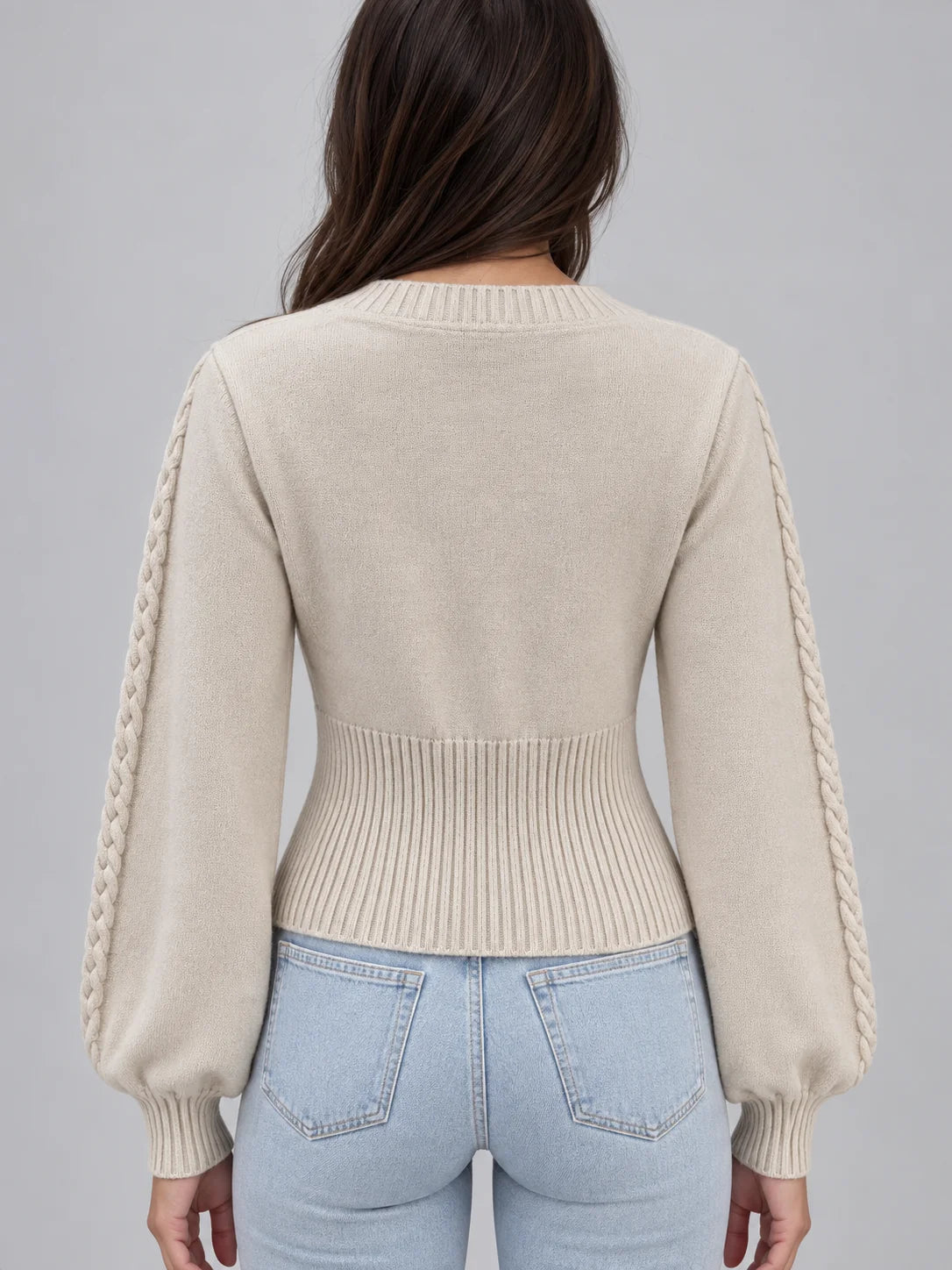 Women's Square Neck Cable Knit Jumper – Chic Balloon Sleeve Elegance 1