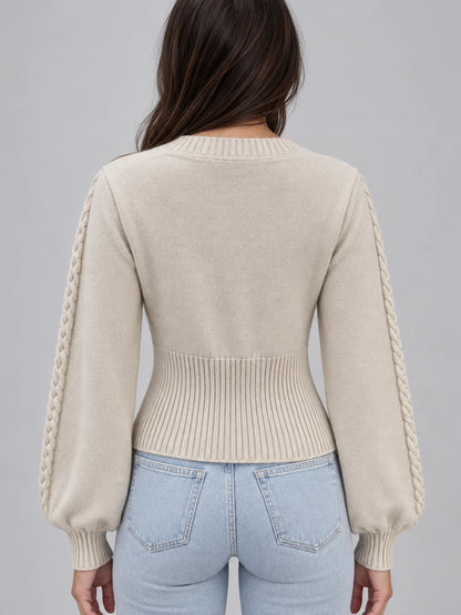 Women's Square Neck Cable Knit Jumper – Chic Balloon Sleeve Elegance 1
