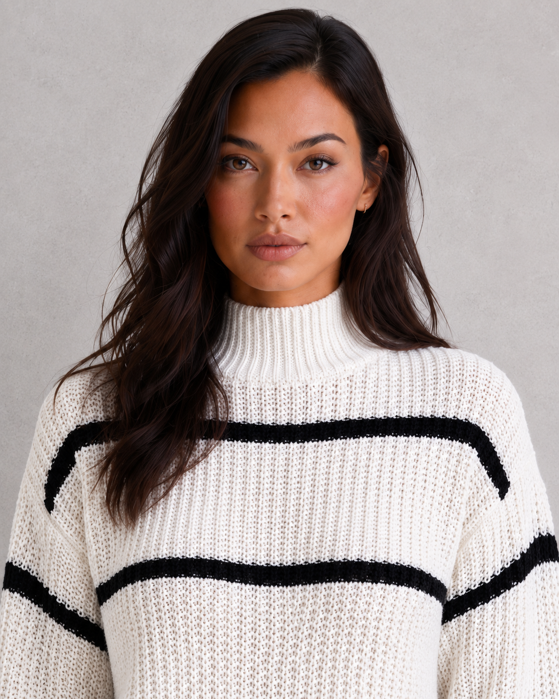 Sweater Women - Striped Mock Neck Jumper with Lantern Sleeves