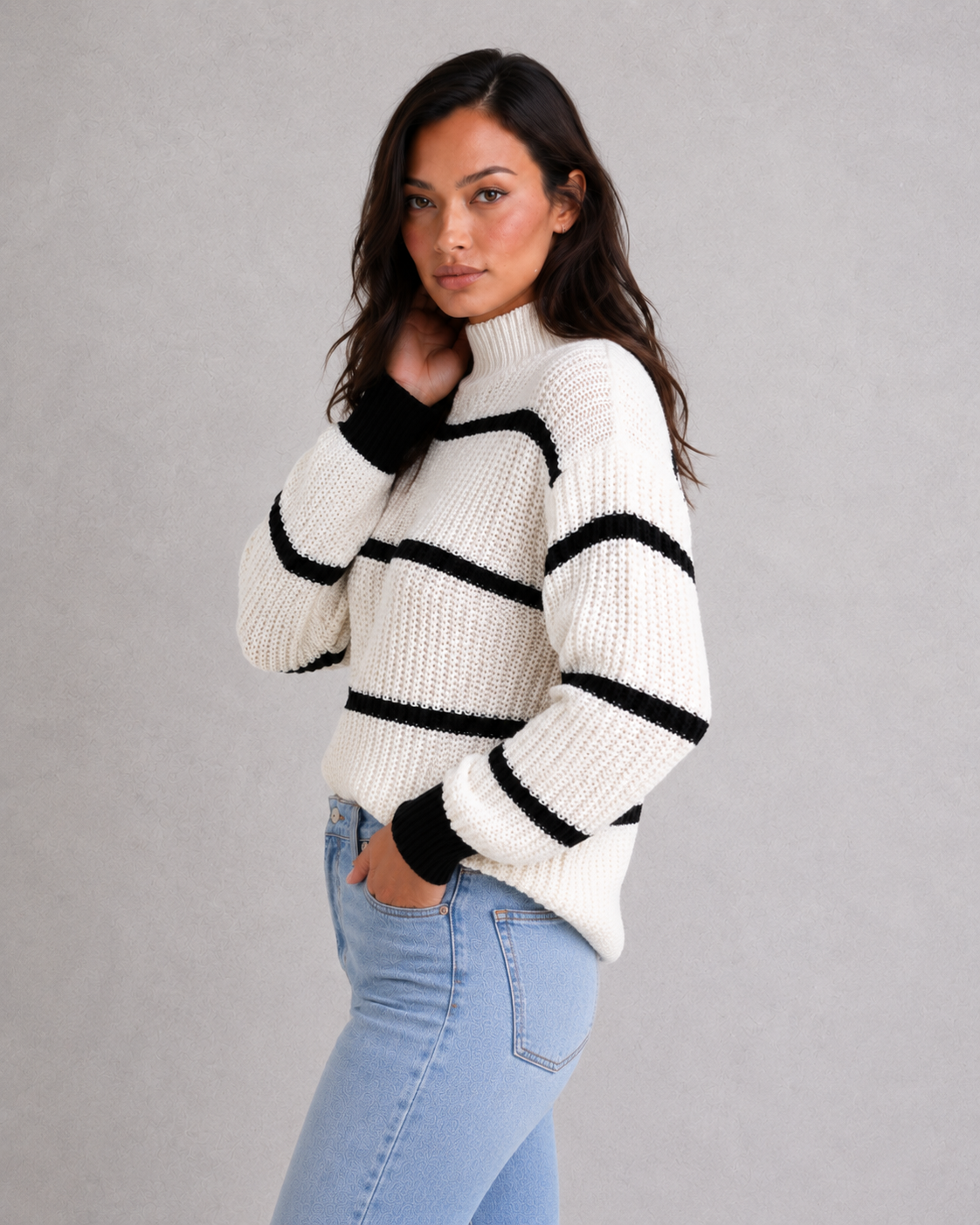 Sweater Women - Striped Mock Neck Jumper with Lantern Sleeves