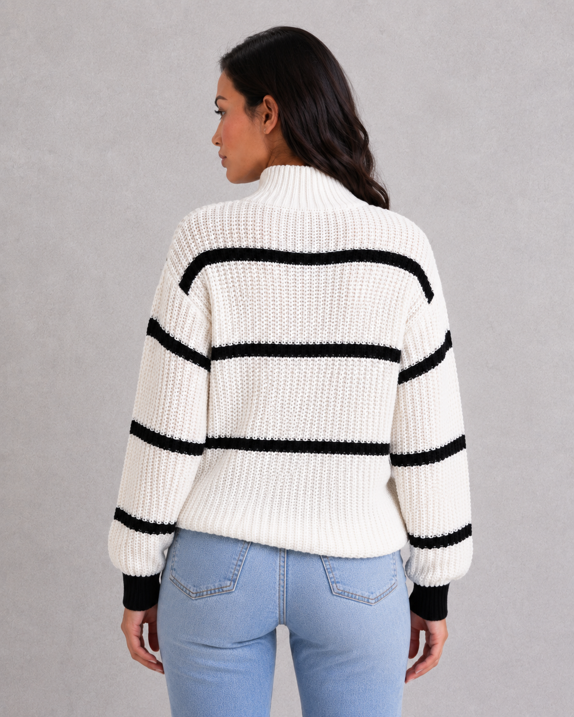 Sweater Women - Striped Mock Neck Jumper with Lantern Sleeves