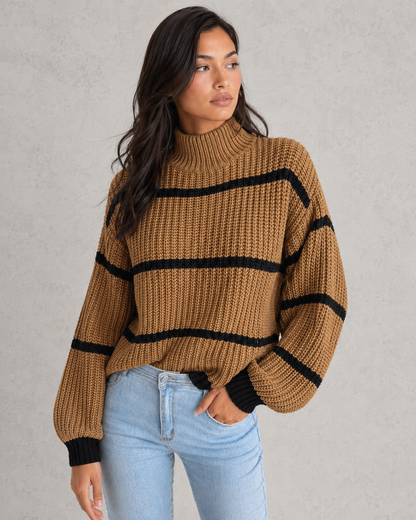Sweater Women - Striped Mock Neck Jumper with Lantern Sleeves
