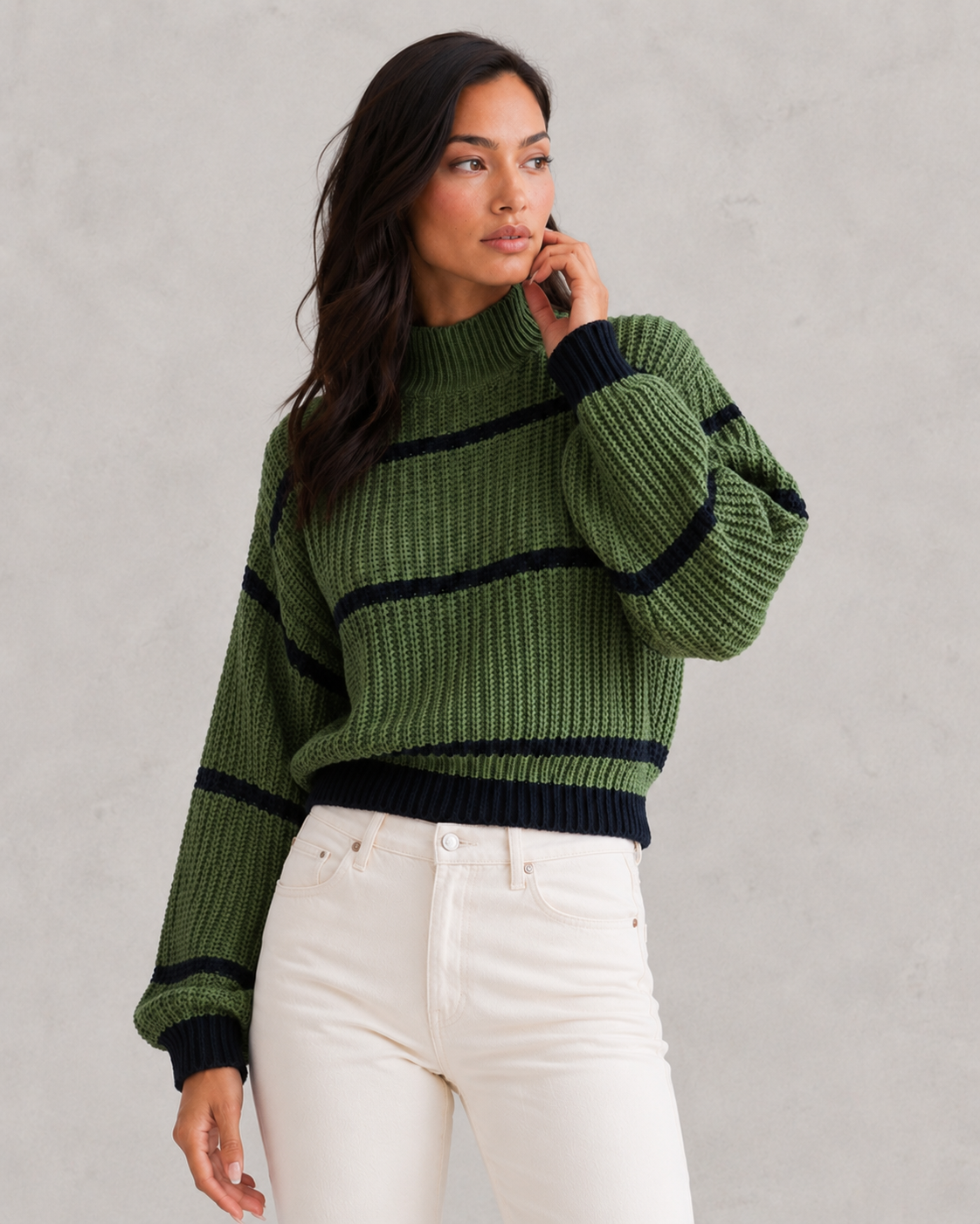 Sweater Women - Striped Mock Neck Jumper with Lantern Sleeves