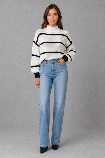 Sweater Women - Striped Mock Neck Jumper with Drop Shoulder