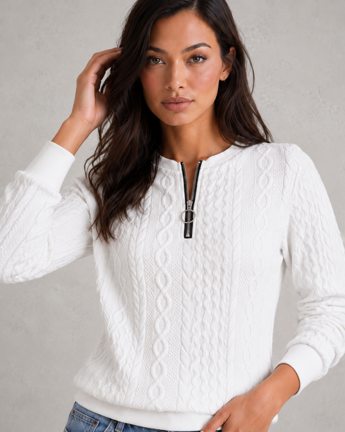 Sweater Women - Cable Knit Jumper with Quarter Zip