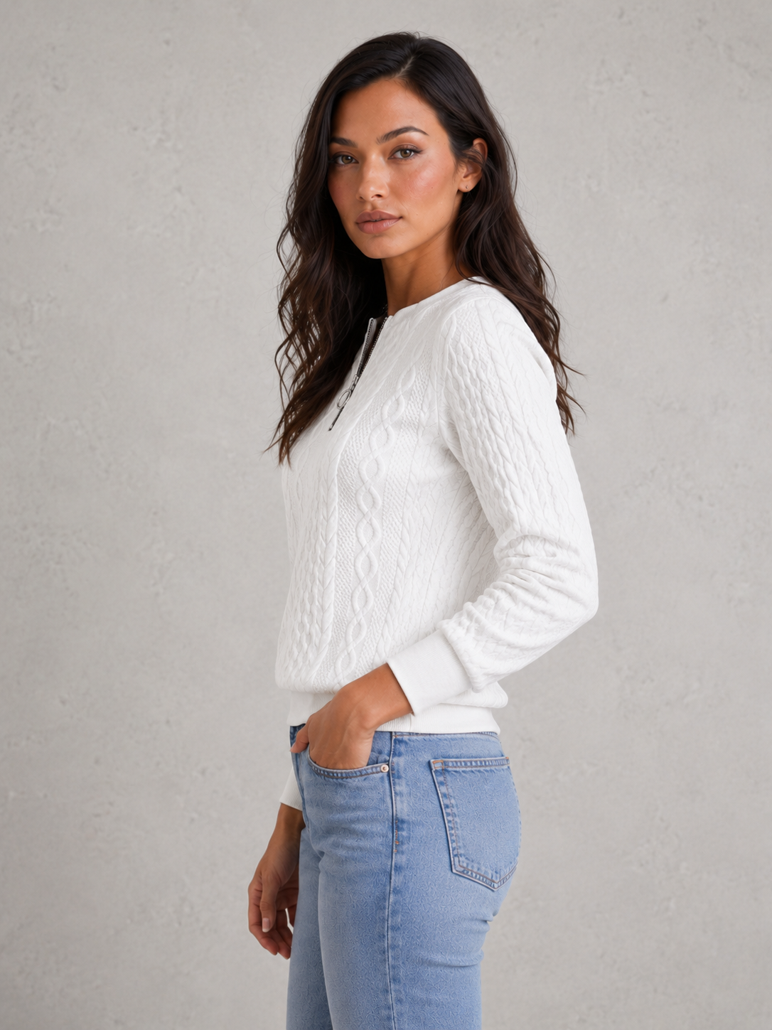 Sweater Women - Cable Knit Jumper with Quarter Zip