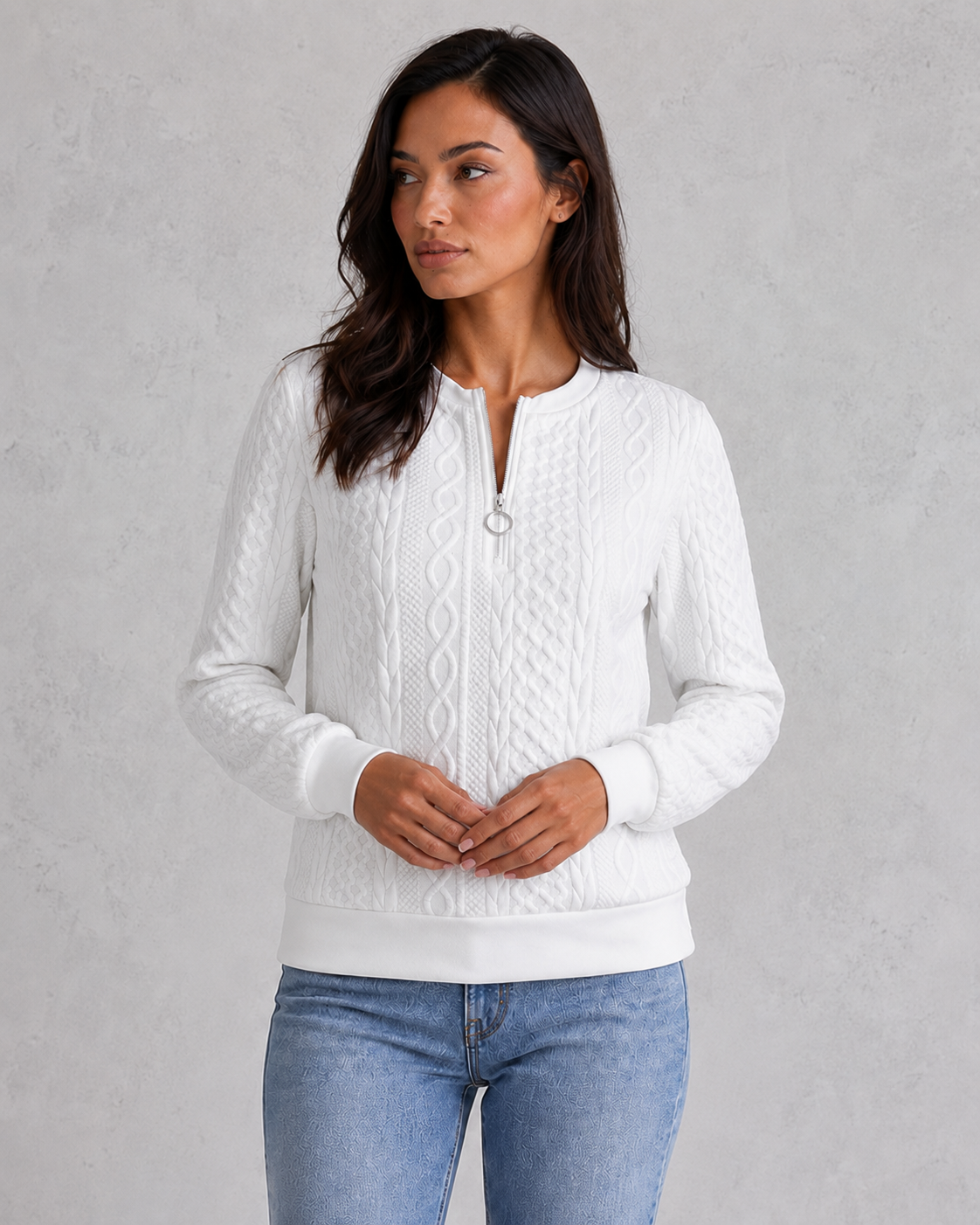 Sweater Women - Cable Knit Jumper with Quarter Zip