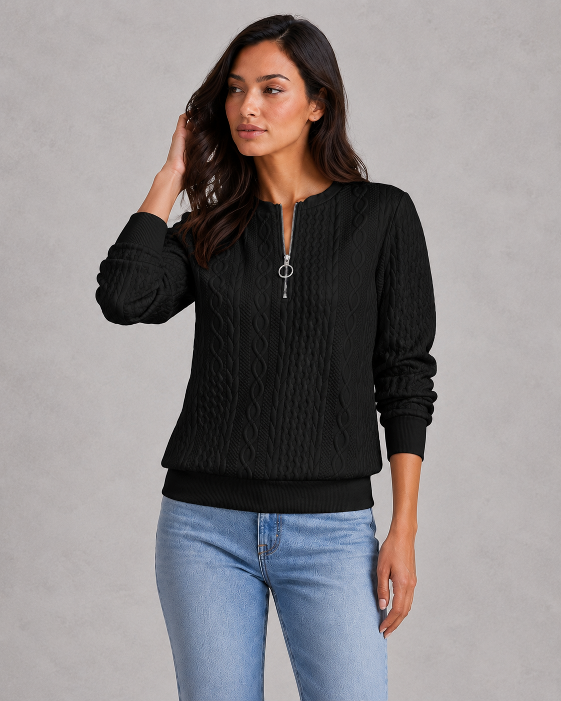 Sweater Women - Cable Knit Jumper with Quarter Zip