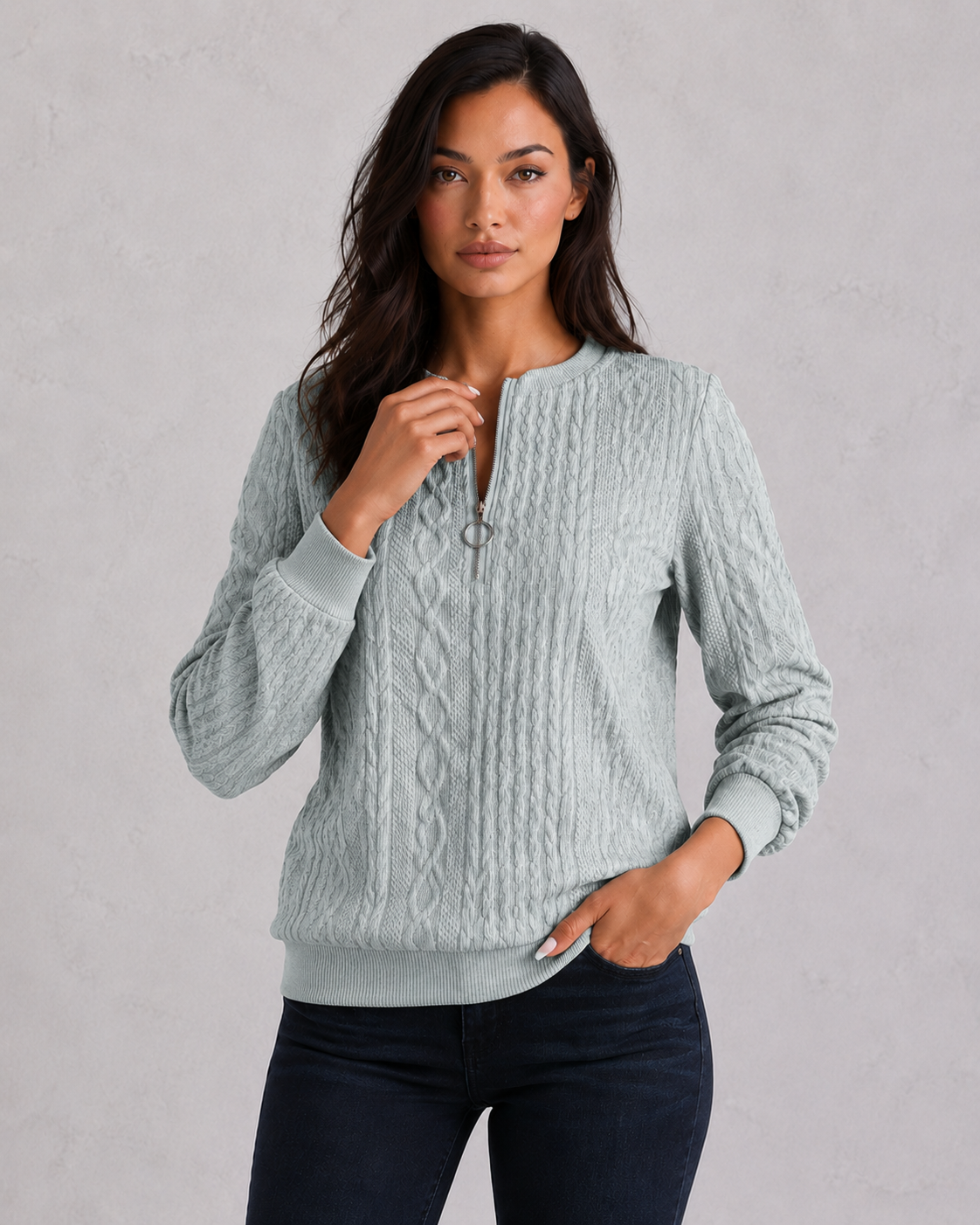 Sweater Women - Cable Knit Jumper with Quarter Zip
