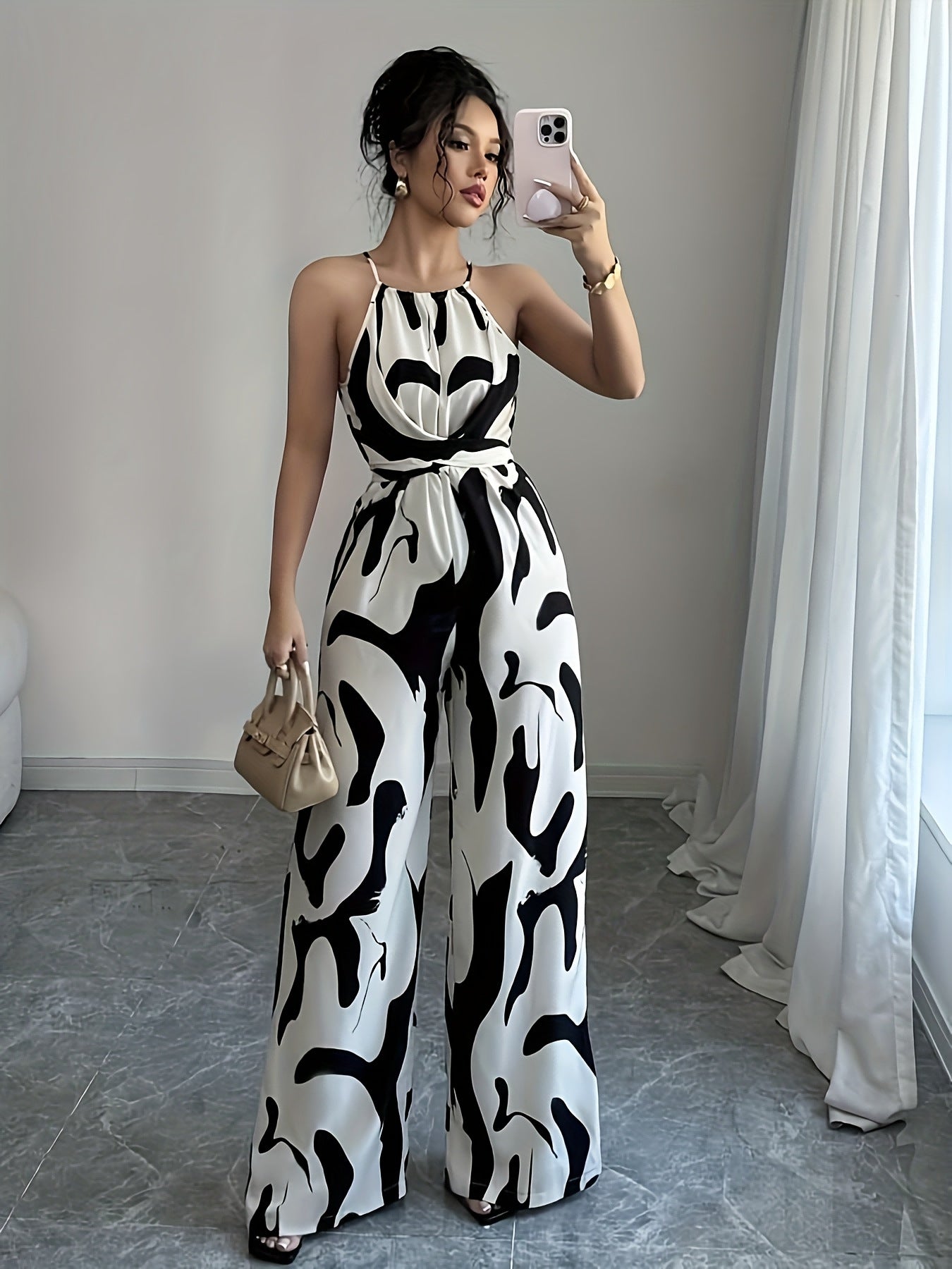 Zara Women's Chic Printed Jumpsuit – Flattering Halter Neckline for Effortless Style 0