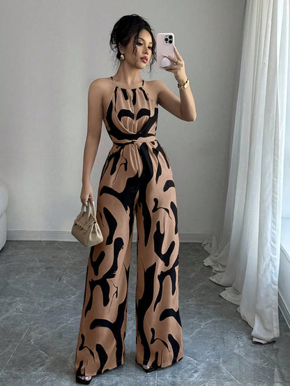 Zara Women's Chic Printed Jumpsuit – Flattering Halter Neckline for Effortless Style 1