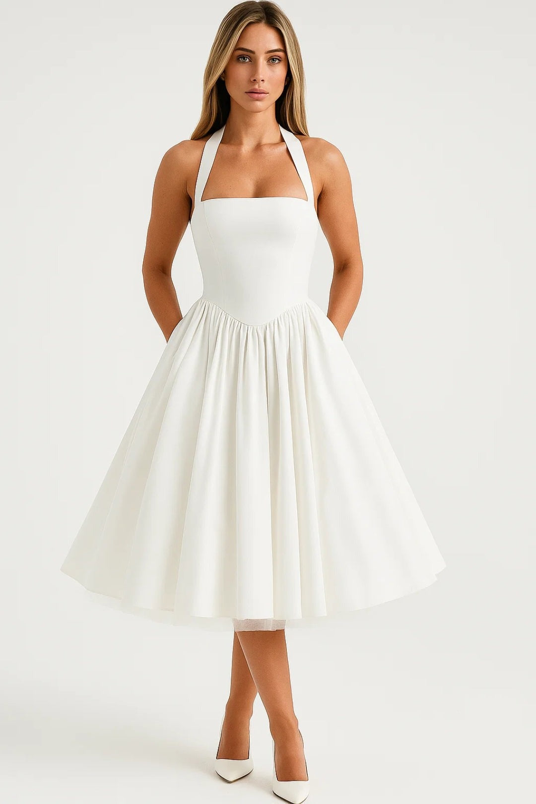 Zara Women's Elegant Midi Dress – Flattering Halter A-Line Style 0