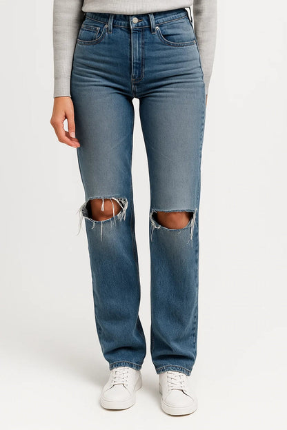 Zara Women's High-Waisted Jeans – Trendy Distressed Denim Style 1