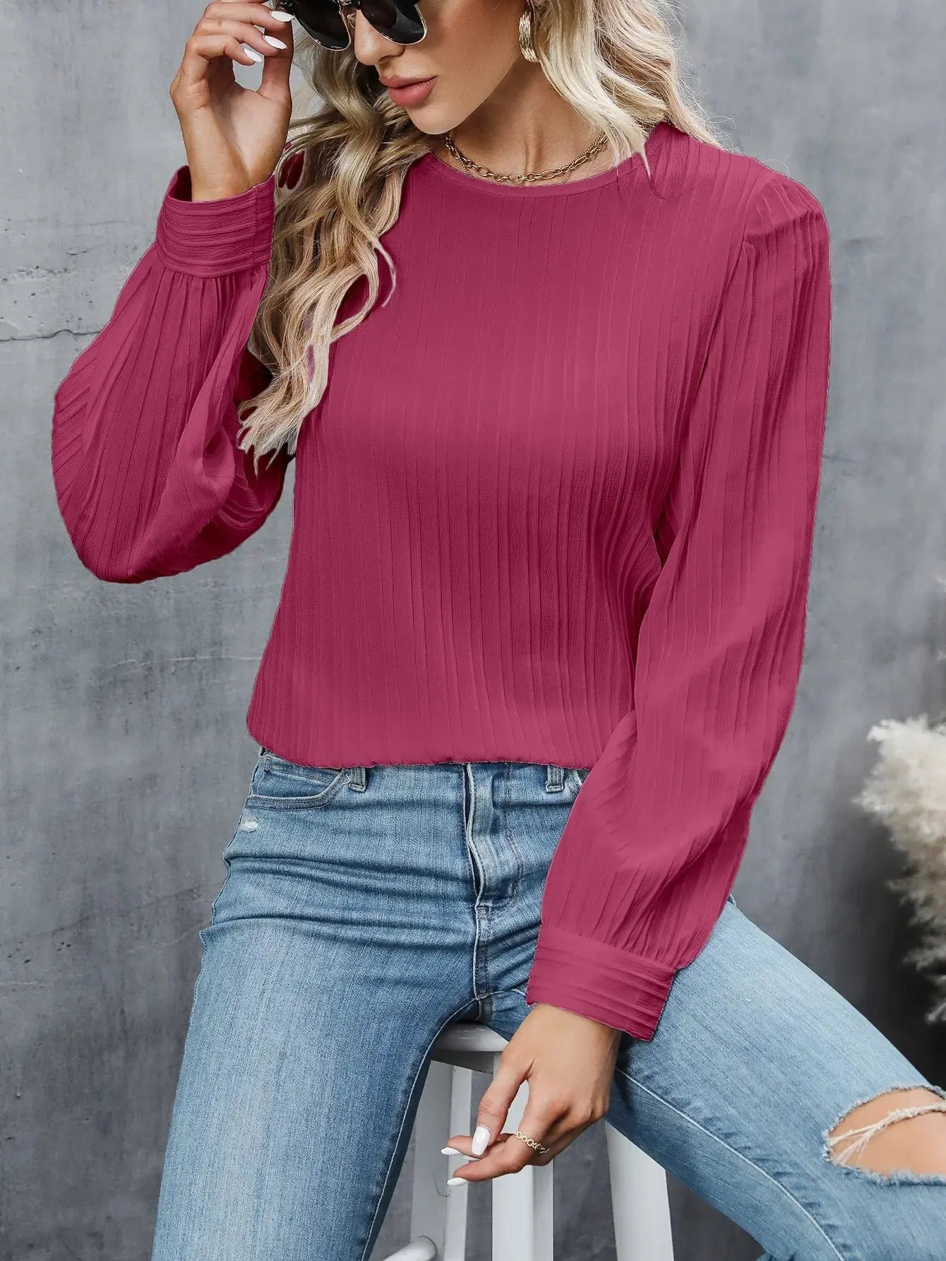 Zyra Women's Pleated Blouse – Lightweight Long Sleeve Elegance 11