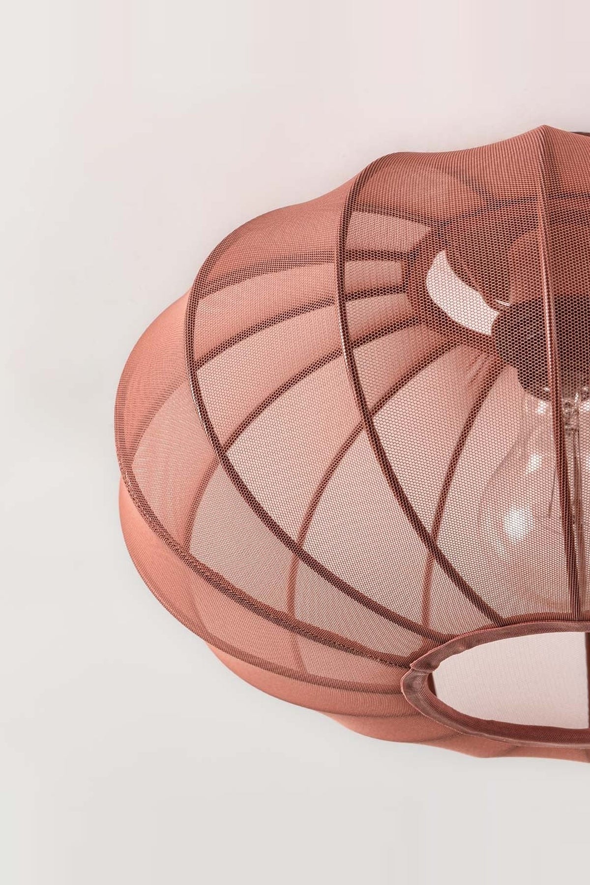 Round Mesh Ceiling Light – terracotta pink, sheer fabric panels, open base