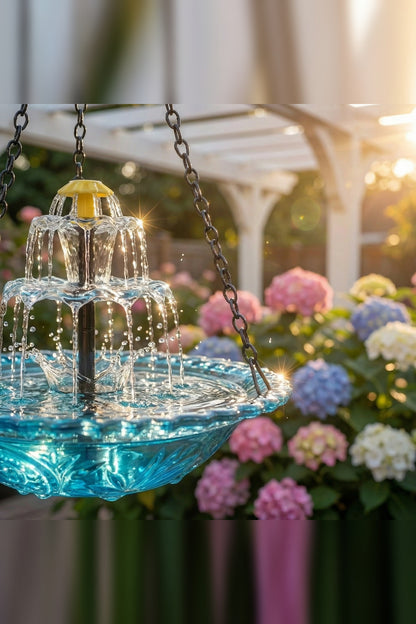 Hanging Bird Bath with Solar Fountain – Glass Bowl on a Chain