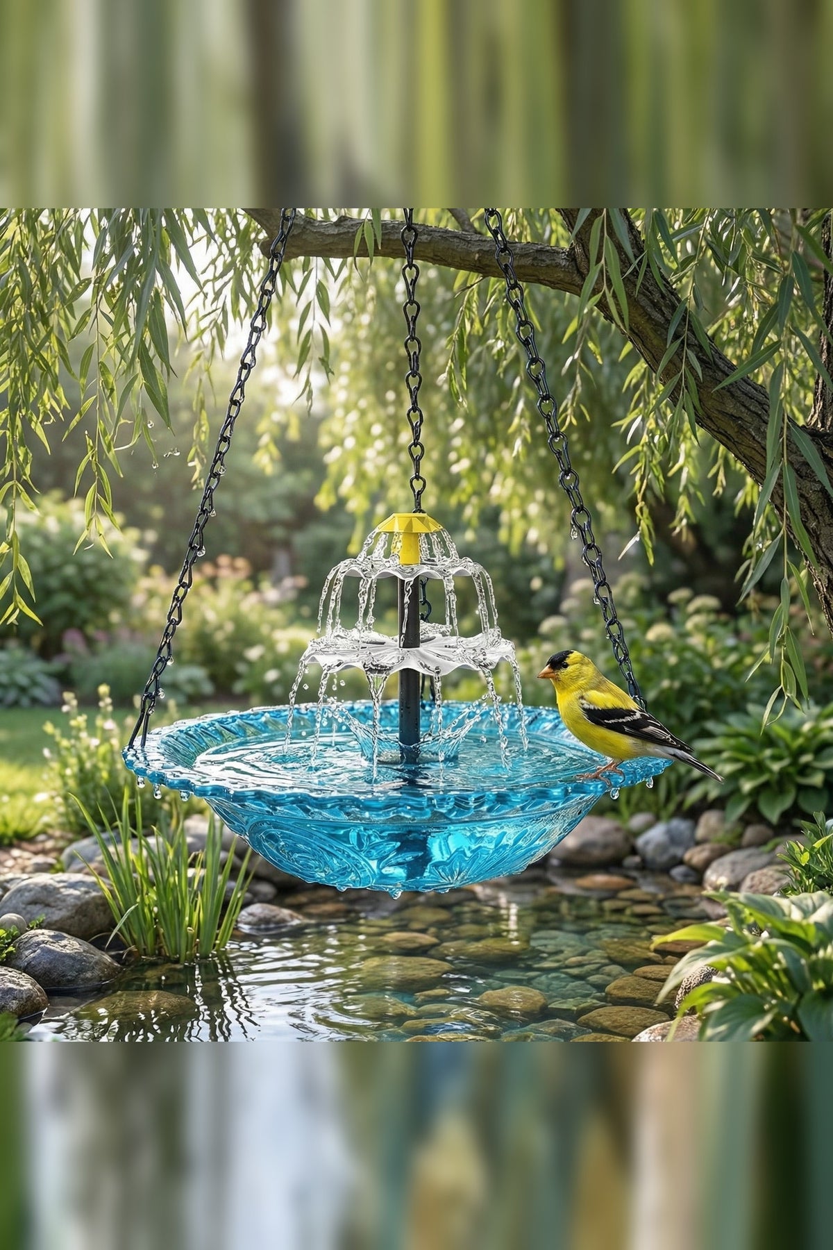 Hanging Bird Bath with Solar Fountain – Glass Bowl on a Chain