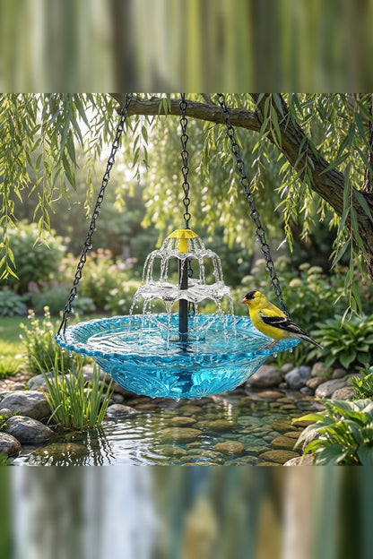 Hanging Bird Bath with Solar Fountain – Glass Bowl on a Chain