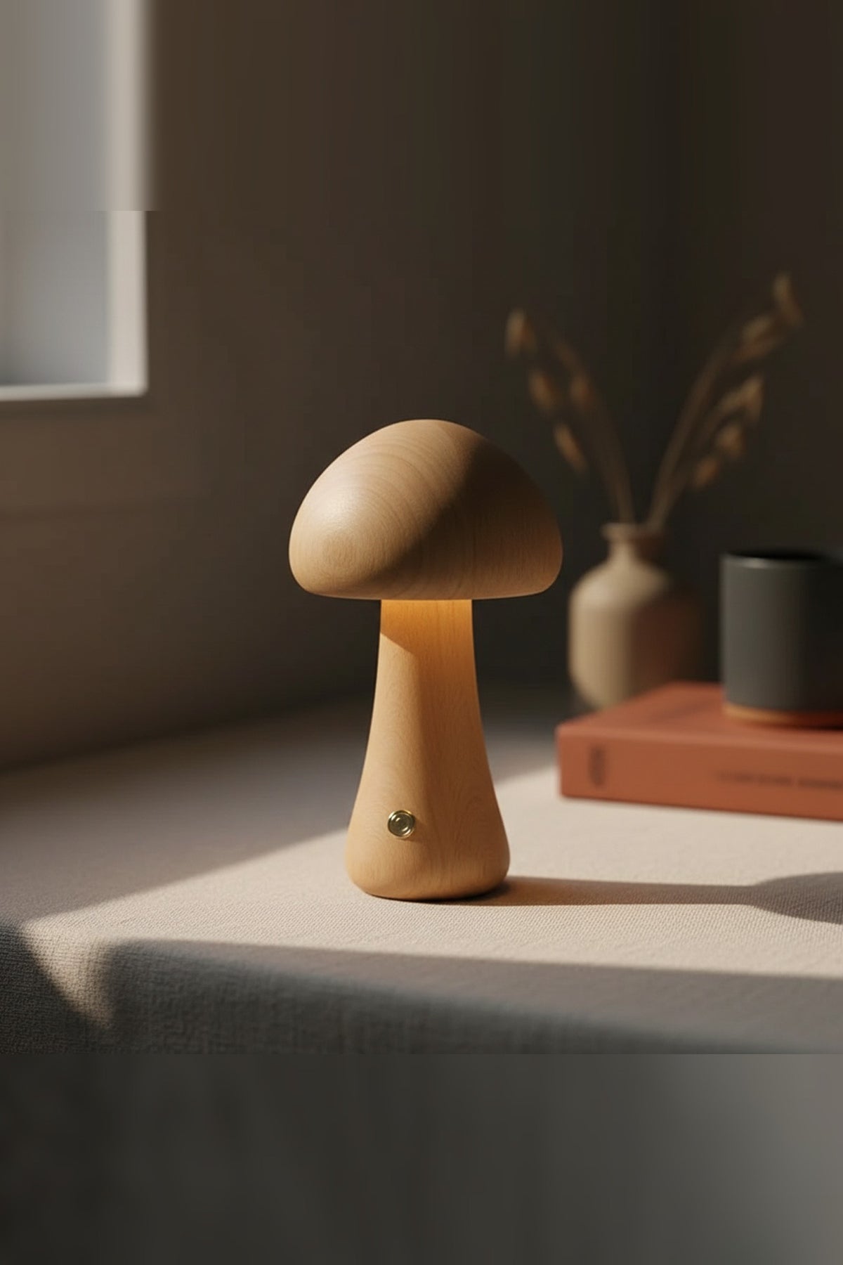 Wooden Mushroom Night Light – solid timber, touch dimmable, USB rechargeable