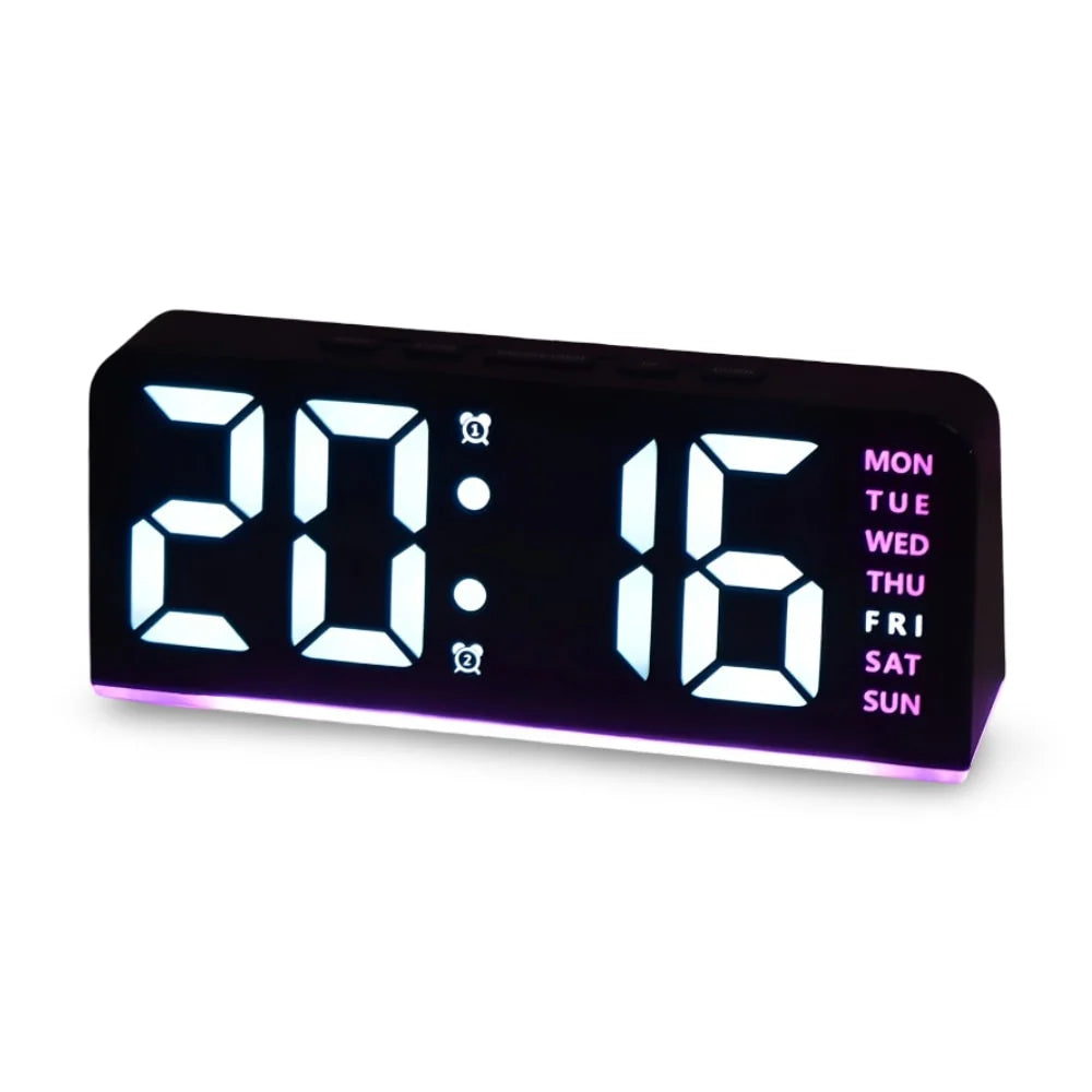 Bedside Digital Clock – LED display, colour night light, dual alarms