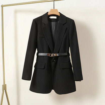 Blazer Women - Belted Notched Lapel Longline Cut