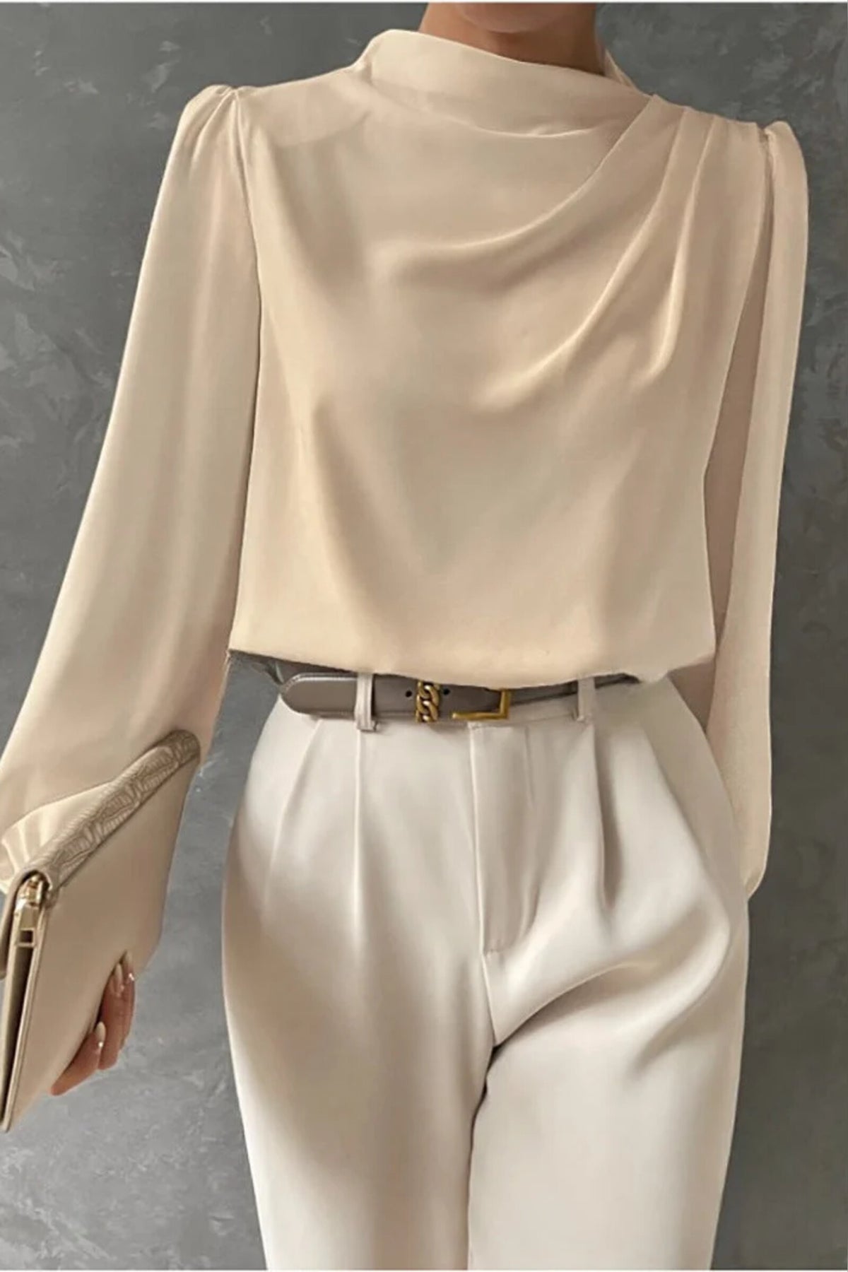 Blouse Women - Draped Long-Sleeve with Gathered Neckline