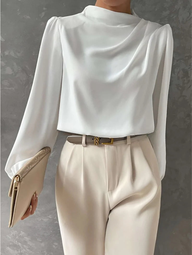 Blouse Women - Draped Long-Sleeve with Gathered Neckline