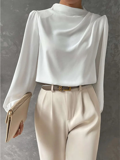 Blouse Women - Draped Long-Sleeve with Gathered Neckline
