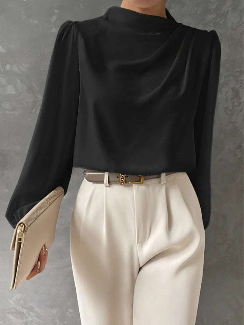 Blouse Women - Draped Long-Sleeve with Gathered Neckline