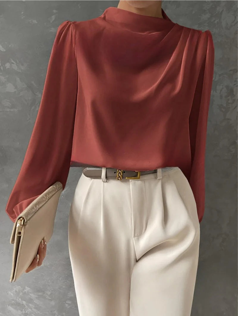Blouse Women - Draped Long-Sleeve with Gathered Neckline