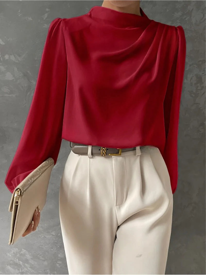 Blouse Women - Draped Long-Sleeve with Gathered Neckline