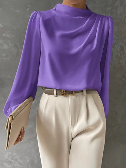Blouse Women - Draped Long-Sleeve with Gathered Neckline