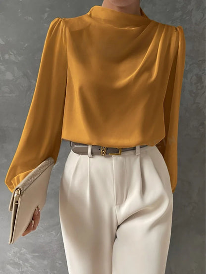 Blouse Women - Draped Long-Sleeve with Gathered Neckline