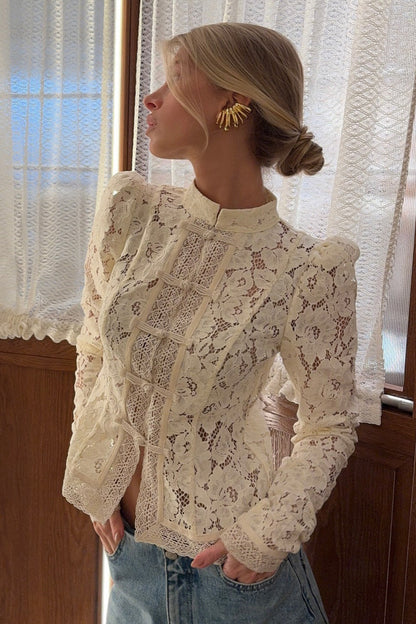 Blouse Women - Floral Lace Blouse with Mandarin Collar