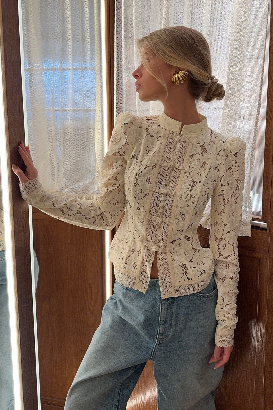 Blouse Women - Floral Lace Blouse with Mandarin Collar